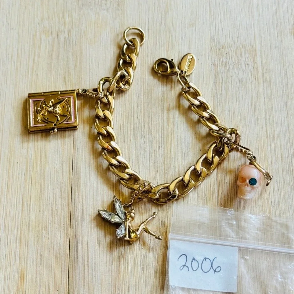 Disney Couture Story Book Tinker Bell Charm Bracelet Gold Plated Chain Crystal
